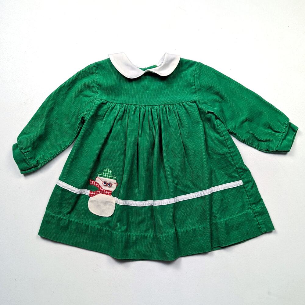Vintage Maggie Mackall Dress Girls Size 18m Green Snowman Christmas Corduroy